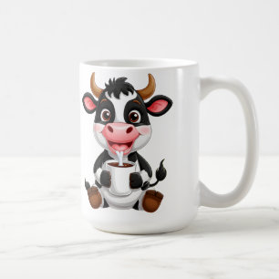 Taza De Café Vaca de dibujos animados alegre bebiendo leche