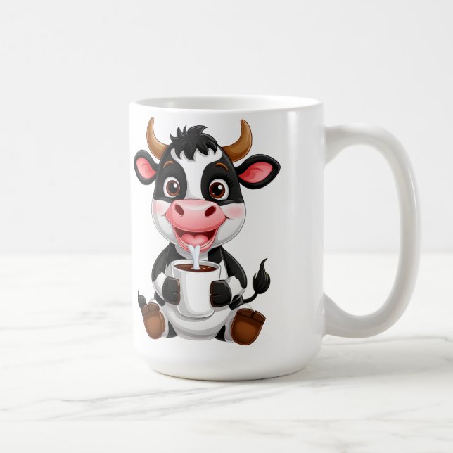 Taza De Café Vaca de dibujos animados alegres bebiendo leche (Derecha)