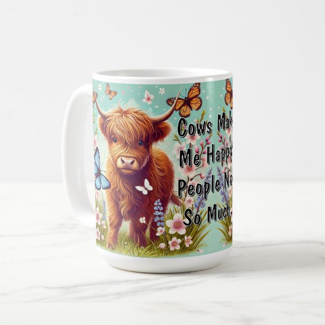Taza De Café Vaca de las Tierras Altas con Mariposas y Flores d (Anverso izquierdo)