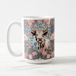 Taza De Café Vaca dulce con fondo floral rosado
