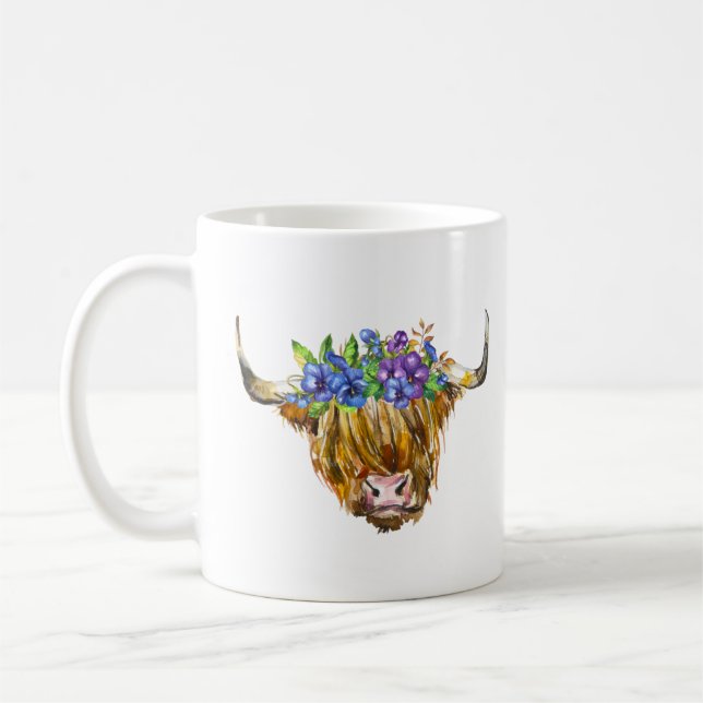 Taza De Café Vaca escocesa Highland con acuarela de flores (Izquierda)