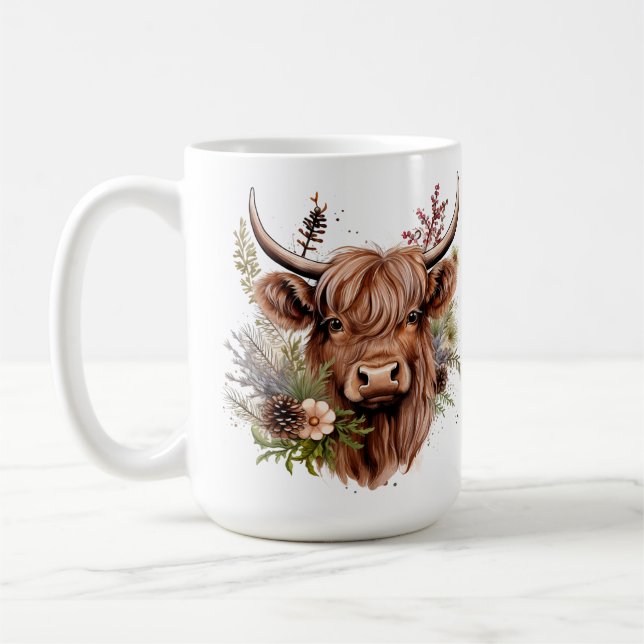 Taza De Café Vaca escocesa Highland con Personalizable de flore (Izquierda)