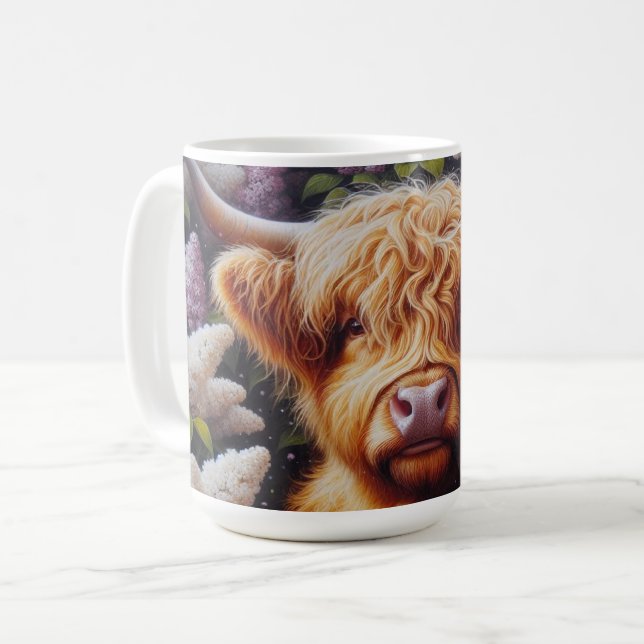 Taza De Café Vaca Highland con flores de Lilac (Anverso izquierdo)
