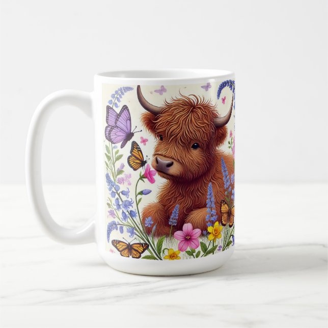 Taza De Café Vaca Highland con flores y mariposas (Izquierda)