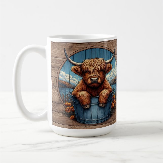 Taza De Café Vaca Highland Con Fondo Escenario (Izquierda)