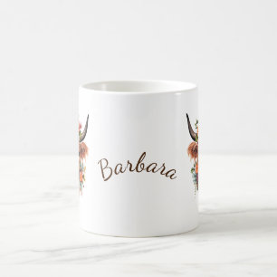 Taza De Café Vaca Highland de color acuático moderno con flores
