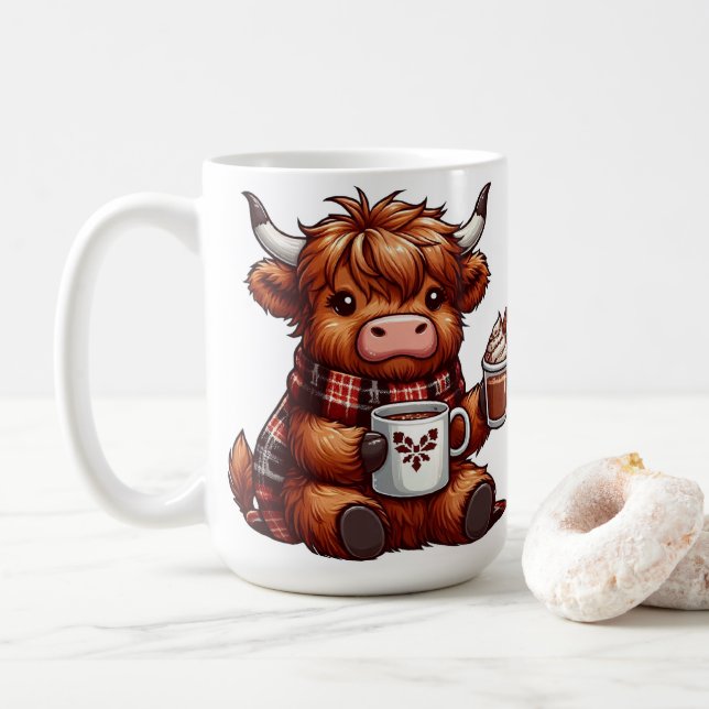 Taza De Café Vaca Highland disfrutando de bebidas calientes en  (Con donut)