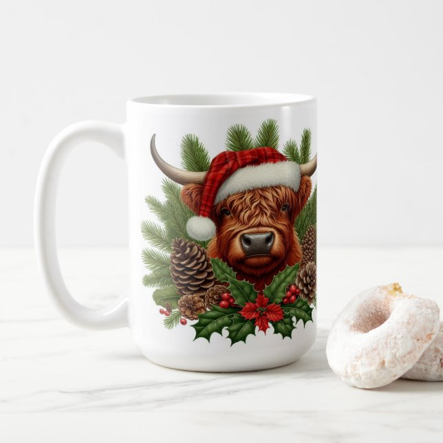 Taza De Café Vaca Highland en Santa Hat Navidades Pinecones (Con donut)