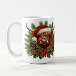 Taza De Café Vaca Highland en Santa Hat Navidades Pinecones
