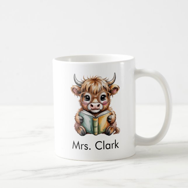 Taza De Café Vaca Highland Lindo Leyendo Libro Personalizado (Derecha)