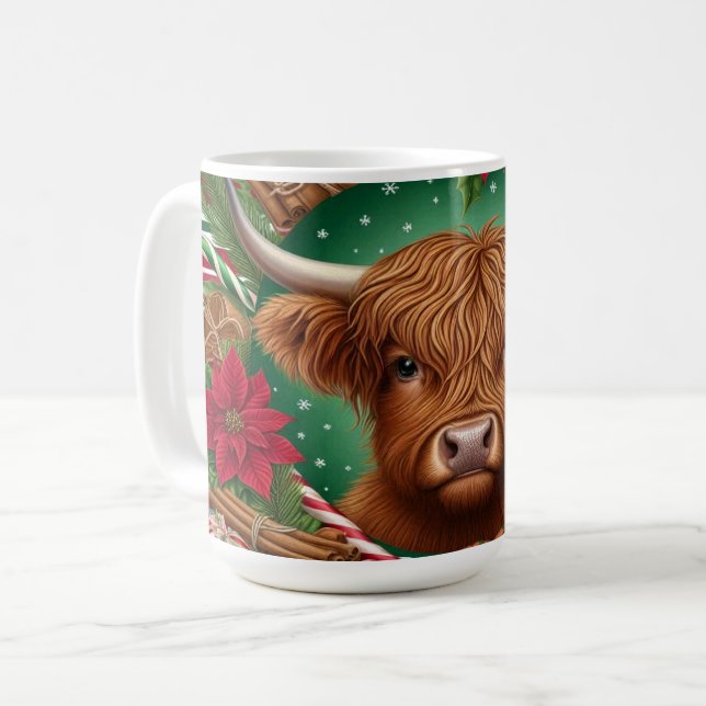 Taza De Café Vaca Highland Rodeada De Flores Navidades (Anverso izquierdo)