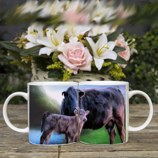 Taza De Café Vaca y ternero Angus negro (Subido por el creador)