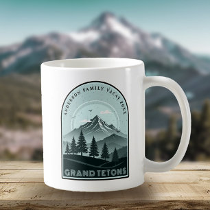 Taza De Café Vacaciones Familiares en Montañas Retro Verde Azul