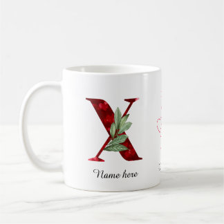 Taza De Café Valentine Red Heart Floral Letter X Initial Mug