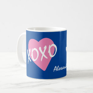 Taza De Café Valentine XOXO abraza besos azul de corazón rosado