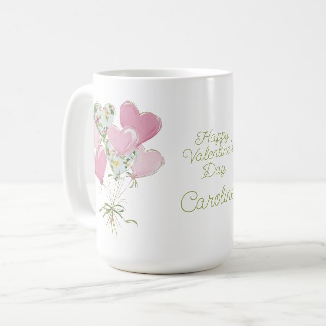 Taza De Café Valentine's Heart Pink and Green Heart Balloons (Anverso izquierdo)