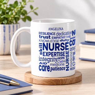 Taza De Café Valores de enfermería Texto azul personalizado env