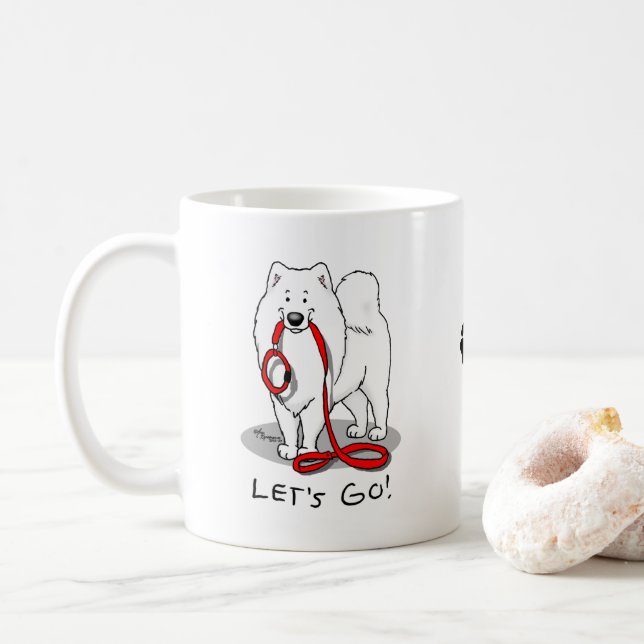 Taza De Café ¡Vamos! (para dar un paseo) Samoyed w red leash Fu (Con donut)