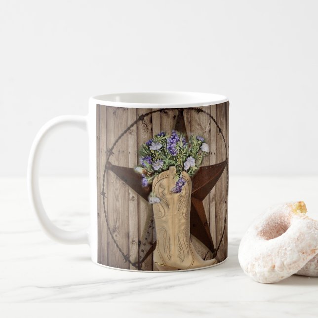 Taza De Café vaquera rústica de madera silvestre de la estrella (Con donut)