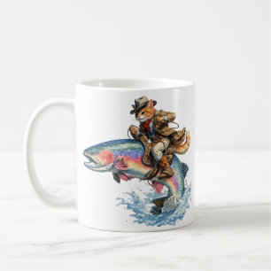 Taza De Café Vaquero Gato Montando Trucha Arcoíris Rodeo