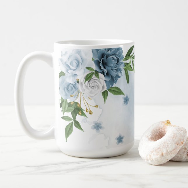 Taza De Café vegetación de flores azules de bonito (Con donut)