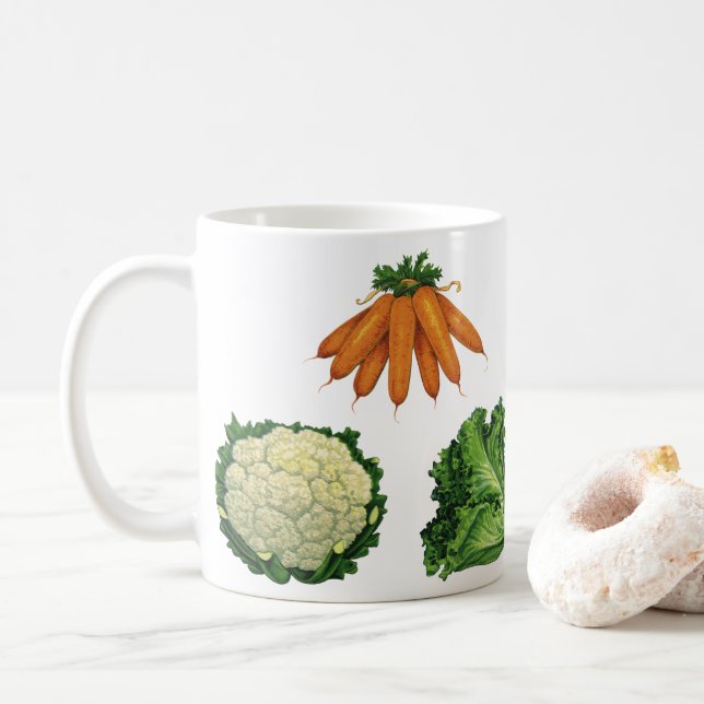 Taza De Café Vegetales de época; zanjas, coliflor, lechuga (Con donut)