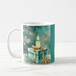 Taza De Café Vela azul verdoso y dorada con caja de regalo