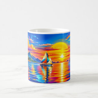 Taza De Café Velero Arcoíris en puesta de sol dorada
