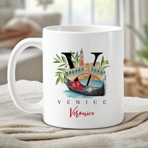 Taza De Café Venecia Italia Monograma Letra V Regalo Personaliz