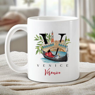 Taza De Café Venecia Italia Monograma Letra V Regalo Personaliz