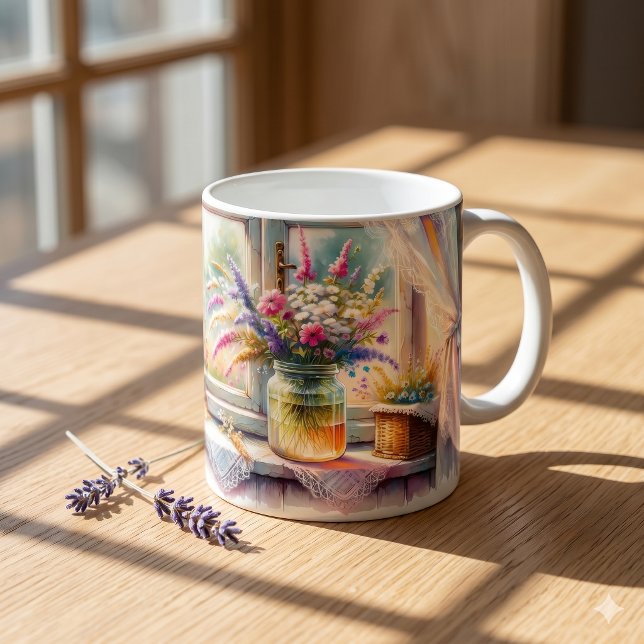 Taza De Café Ventana de cabaña soleada flores silvestres (Sunlit Cottage Window Wildflowers Coffee Mug)