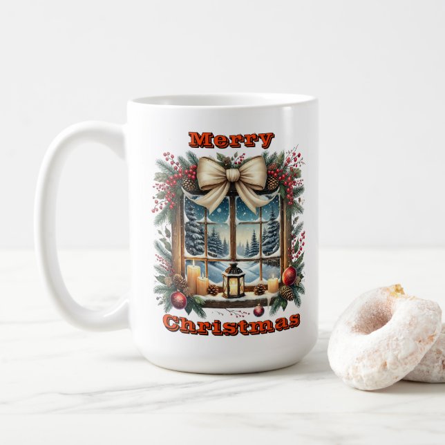 Taza De Café Ventana navidades con escena invernal (Con donut)