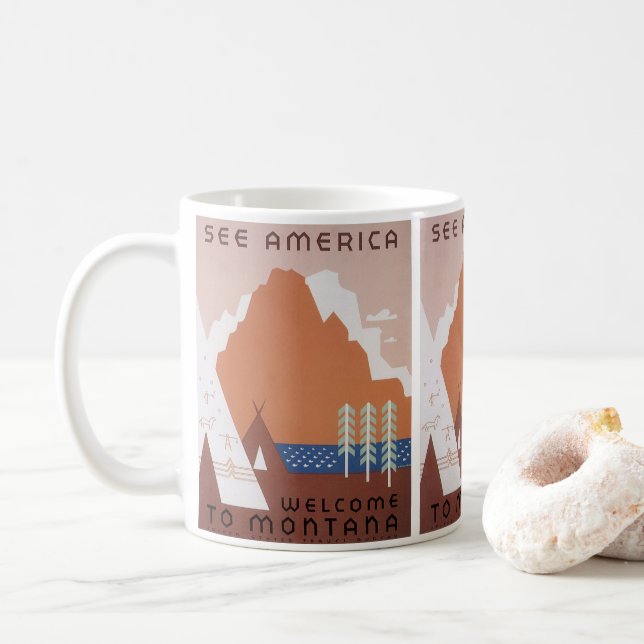 Taza De Café Ver América Bienvenidos a Montana, Viajes de época (Con donut)