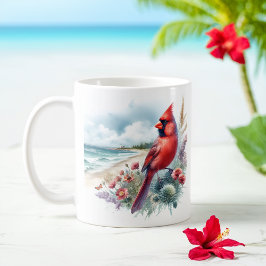 Taza De Café Verano acuarela Cardenal norte en la playa