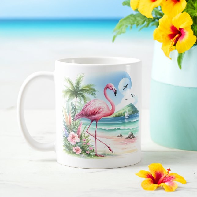Taza De Café Verano acuarela Flamingo en la playa (Subido por el creador)