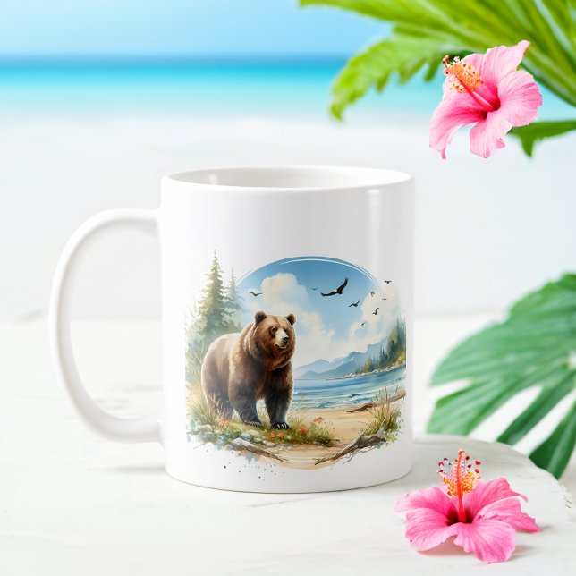 Taza De Café Verano acuarela oso pardo en la playa (Subido por el creador)