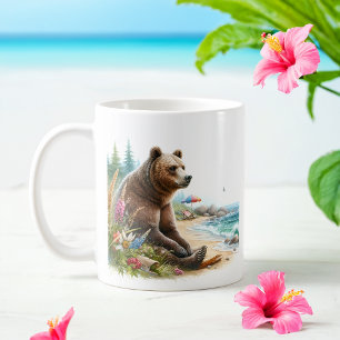 Taza De Café Verano acuarela oso pardo en la playa