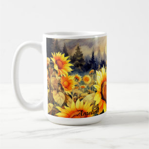 Taza De Café Verano de girasol amarillo acuarela nombre persona