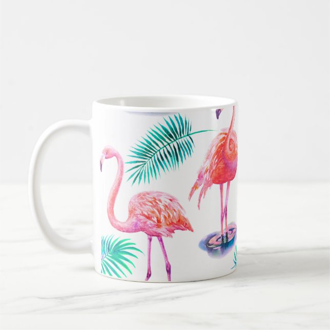 Taza De Café Verano tropical con hojas de palmera flamencos y e (Izquierda)