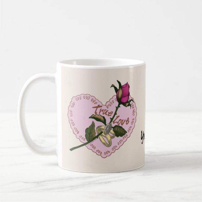 Taza De Café Verdadero Anillos de Amor Rosa boda mug (Izquierda)