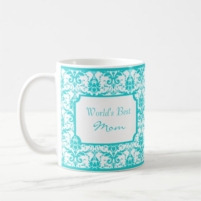 Taza De Café Verde azulada Damask Best Mom Mug (Izquierda)