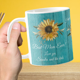 Taza De Café Verde azulado Rústico Blue Sunflower Mejor Mamá De