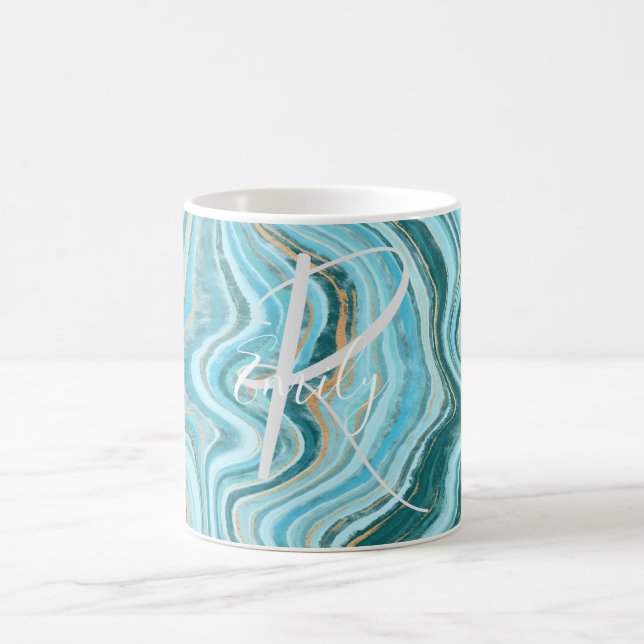Taza De Café Verde azulado Tan Agate Marble Abstrato Nombre Mon (Centro)