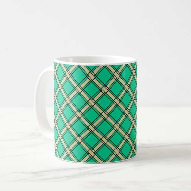 Taza De Café Verde beige , patrón de cuadros  (Anverso izquierdo)