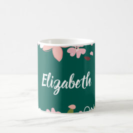 Taza De Café Verde con flores rosas personalizadas