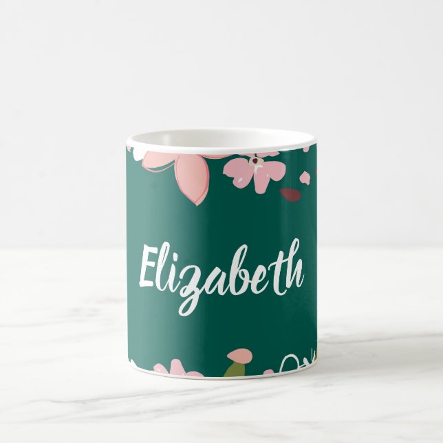 Taza De Café Verde con flores rosas personalizadas (Centro)