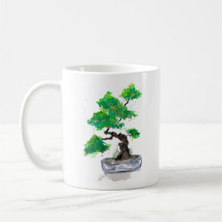 Taza de café verde de la acuarela de los bonsais