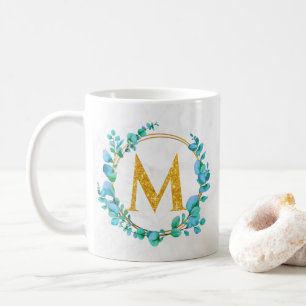 Taza De Café Verde dorado de eucalipto Personalizar Monograma A