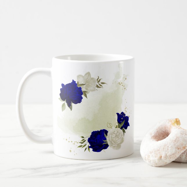 Taza De Café verde floral azul real (Con donut)
