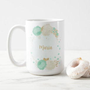 Taza De Café verde menta flores blancas oro floral boda